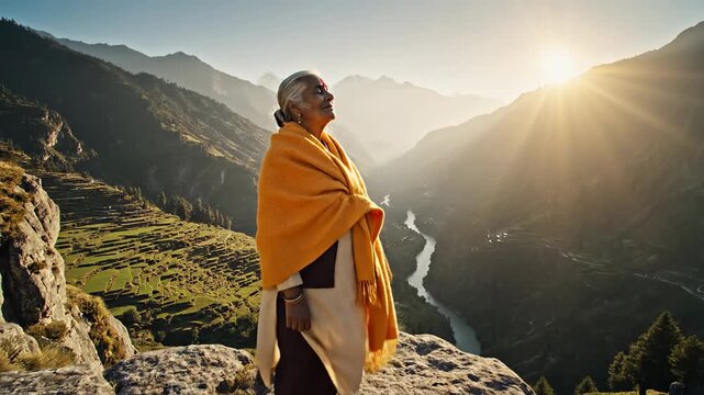 Woman appreciating mountain view at sunrise with warm sunlight