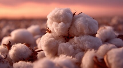 Cotton Field at Dawn: A close-up view captures fluffy cotton bolls in a field bathed in the soft glow of dawn, revealing the textures of the natural fibers and the expanse of the farmland.