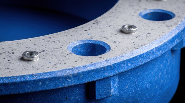 Detailed view of a blue industrial pipe flange with silver nuts and bolt holes showing textured metal - Powered by Adobe
