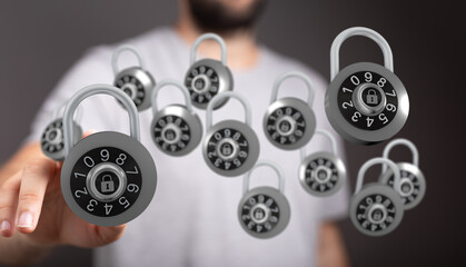 Abstract image of a person showing security with padlocks, representing protection, data safety, and digital pr