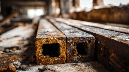 Close up detail of heavily rusted metal structural beams indoors with shallow depth of field