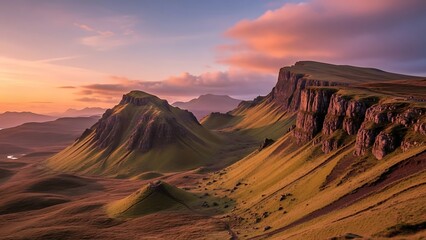 Mountainous landscape at sunset with rolling hills and cliffs viewed from a high vantage point