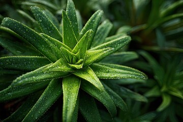 Fototapeta premium A close-up of a spiky green plant covered in water droplets. The background is blurred
