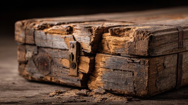Close up view of a heavily weathered wooden box with metal clasps and significant damage