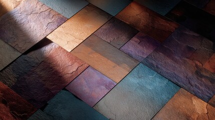 Overhead view of overlapping slate tiles with textured surfaces in various earth tones and jewel colors