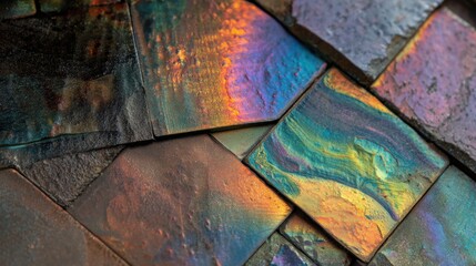 Close up view of iridescent textured ceramic tiles showing vibrant blues greens and oranges