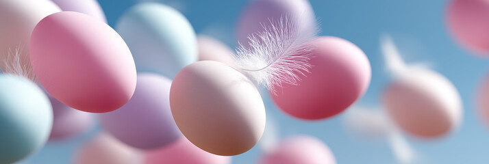 Pastel eggs float weightlessly with delicate feathers in bright sky.