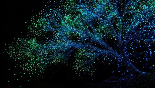 Artistic representation of a tree, formed from luminous green and blue particles against a black background