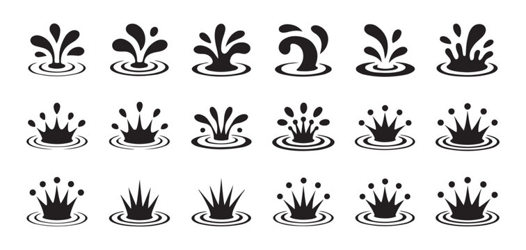 Black water splash crowns and ripple symbols, clean liquid drop and fountain design elements set