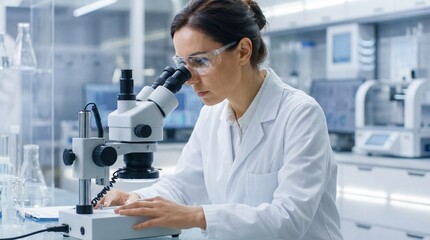 Female medical research scientist looks through a microscope in a bright, modern laboratory with advanced equipment. This image is suitable for science, medicine, and technology projects.