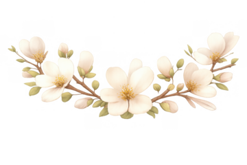 Elegant watercolor floral garland with blooming white flowers, green leaves, and buds on a branch, transparent background