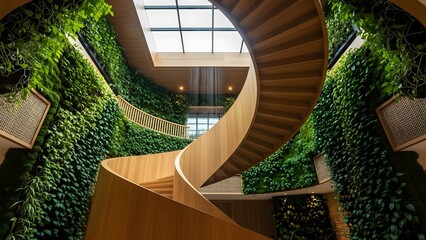 Biophilic Ascent: Wooden Spiral Staircase Surrounded by Vertical Gardens