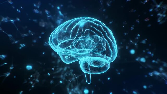 Intricate glowing blue wireframe brain, representing advanced AI, cognitive computing, and the digital frontier of human thought and technological innovation