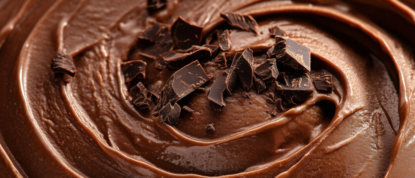 Appetizing chocolate ice cream texture background with chocolate chips and copy space for design