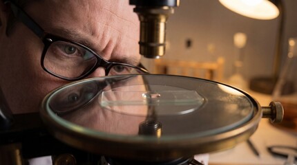 Close up of a focused scientist in glasses examining a glass slide under a vintage microscope in a laboratory. The image represents scientific research and detailed analysis.