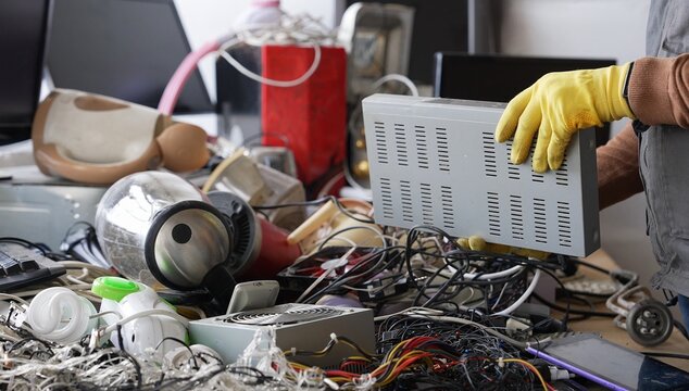 Man dismantling electronic device, old computer, e-waste recycling, repair, technology