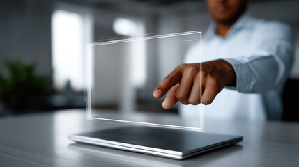 Business professional interacts with futuristic transparent digital interface above laptop, innovation and technology concept