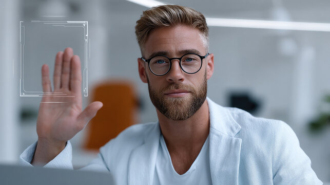 Business professional man glasses beard light suit office technology digital interface confident modern workspace - Powered by Adobe