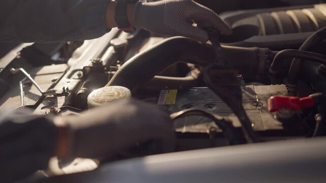 Technician in a blue uniform and gloves checking car battery and wiring connections inside the engine compartment, ensuring proper functionality and safety.