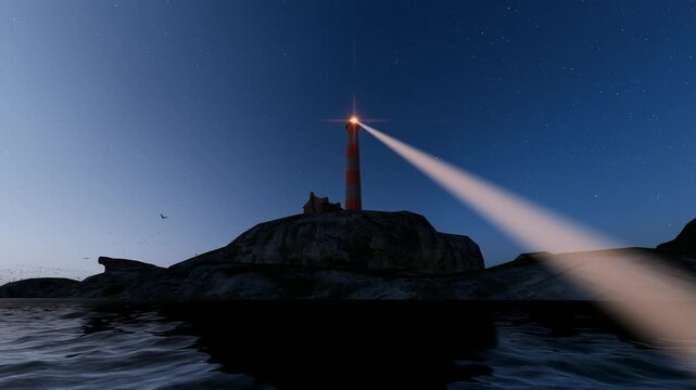 The lighthouse beams scan back and forth along the coast at night