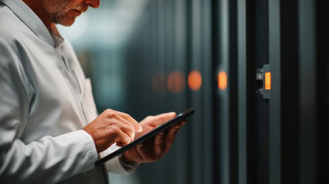 IT professional using tablet to monitor server rack with illuminated status lights in data center, focused and attentive technician checking equipment - Powered by Adobe