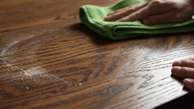 A person cleaning a wooden surface with a green cloth in a close-up video