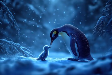 Emperor penguin parent caring for adorable baby chick in snow