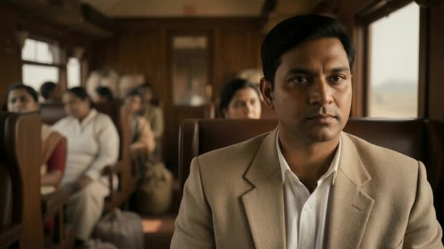 Businessman sitting calmly inside a train compartment, looking composed and thoughtful.