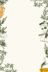 Obraz premium Olive illustration frame with hand drawn branches and Mediterranean food elements