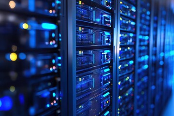 Naklejka premium High-Tech Data Center with Glowing Server Racks and Digital Lights