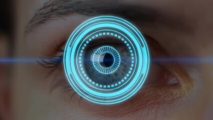 Futuristic cybernetic eye with digital interface and technology overlay, representing biometrics and advanced security systems - Powered by Adobe