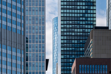 Modern architecture city urban building office business corporate facade grid in Frankfurt showing structured contemporary design