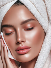 Spa skincare treatment concept featuring a young woman with a soft terry towel on her head