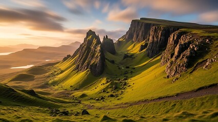 A serene mountain landscape with rugged cliffs and lush green slopes under a vibrant sky at sunrise