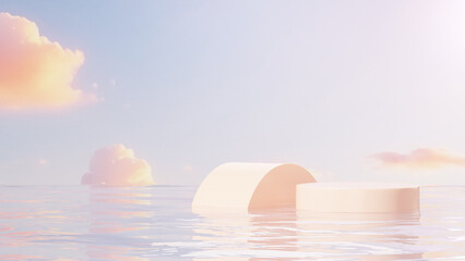 Minimal 3D rendered cosmetic podium scene featuring a clean circular platform placed over calm water with a soft pastel sky background. Designed as a versatile product mockup and branding background