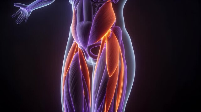 Detailed 3D anatomical illustration of the human thigh muscles, highlighting the quadriceps and hamstrings in orange and purple