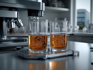 Two glasses with amber liquid and bubbles in laboratory setting