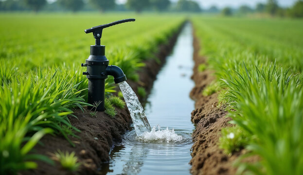 Black water pump shoots a powerful stream of water into a narrow irrigation canal in the middle of a lush green agricultural field.