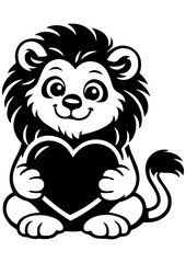 Cute lion holding heart vector line art, black and white illustration for engrave, laser engrave, Valentine decor and creative projects