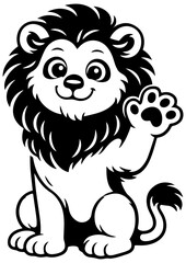 Cute lion waving paw vector line art, black and white illustration for engrave, laser engrave, kids decor and friendly designs