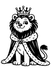 Wise royal lion in crown and mantle vector line art portrait, black and white illustration for engrave, laser engrave and fantasy decor