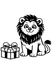 Cute lion sitting with gift box vector line art, black and white illustration for engrave, laser engrave, cards and creative projects