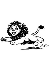 Cute running and jumping lion vector line art, black and white illustration for engrave, laser engrave, kids decor and creative projects
