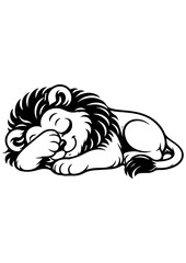 Cute sleeping lion vector line art, black and white illustration for engrave, laser engrave, nursery decor and creative projects