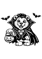 Cute vampire lion with pumpkin lantern and bats, vector line art in black and white for engrave, laser engrave and Halloween decor