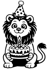 Cute birthday lion holding cake vector line art, black and white illustration for engrave, laser engrave, cards and creative projects