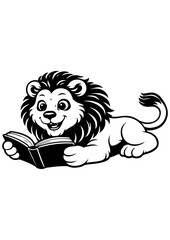 Cute lion reading a book vector line art, black and white illustration for engrave, laser engrave, kids decor and creative projects