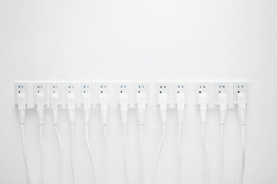 Multiple White Power Sockets on a Clean White Wall Background