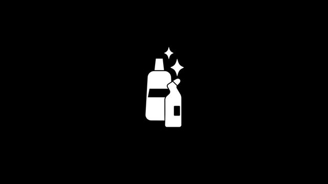 White icons of cleaning bottles and sparkles on a black background spray detergent