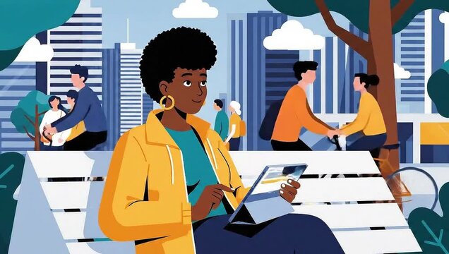 Woman Working on Tablet in City Park Illustration.